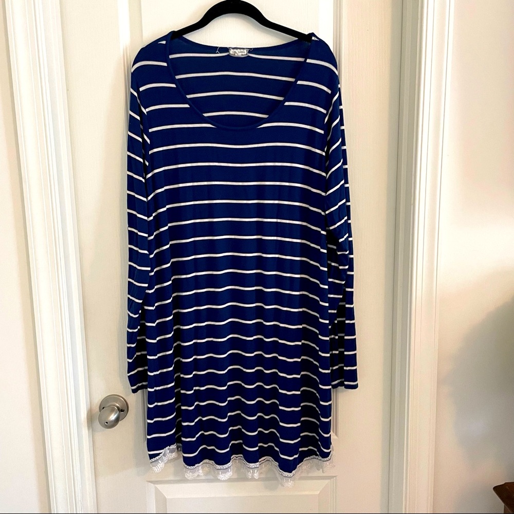 Blue and white stripe dress with lace detail